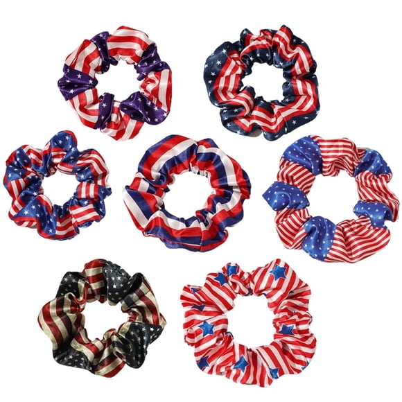 Kicpot 7-Pack Patriotic Scrunchies Red White Blue American Flag Hair Ties for Women Independence Day Hair Accessories