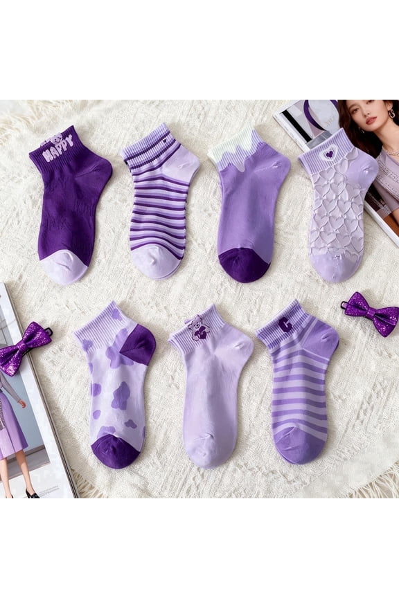Women's Cute Purple Striped Socks, 7-Pair Gift Set for Mother's Day, Teacher Appreciation Day, and Graduation, Casual Ankle Socks for Women