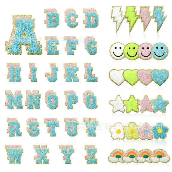 Kicpot 76 Pcs Chenille Patches Self Adhesive for DIY Clothing,Include 52 A-Z Chenille Letter Patches Stick on, 24 Cartoon Designs for Backpacks Bags Hats