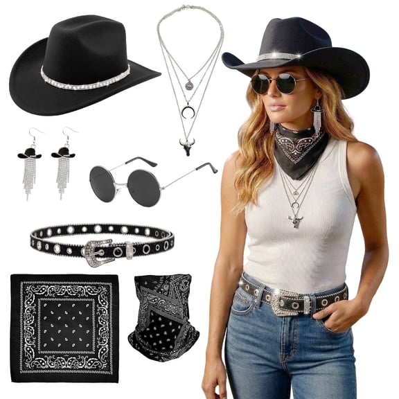 Kicpot 7Pcs Women's Western Cowgirl Outfit, Black Cowboy Accessories Set for Masquerade Halloween Parties Carnival Cosplay