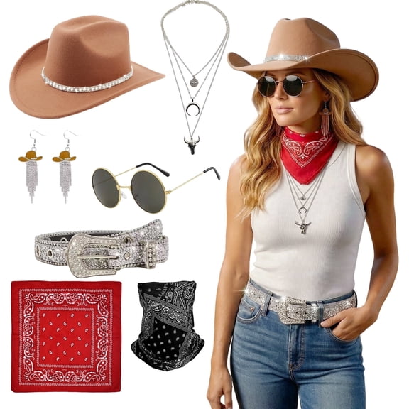 Kicpot 7Pcs Women's Western Cowgirl Outfit, Light Brown Denim Accessory Set for Masquerade Halloween Parties Carnival Cosplay