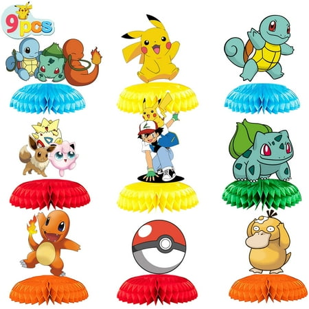 Kicpot 9Pcs Pokemon Birthday Decorations Set, Pokemon Themed Honeycomb Centerpiece 3D Table Toppers Pokemon Party Decorations for Kids Birthday Party Supplies