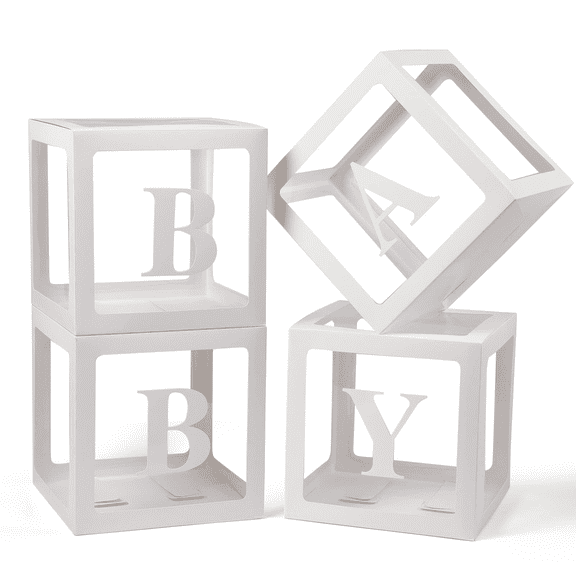 Kicpot Baby Boxes with 4 PCS Letters for Baby Shower White Clear Balloon Box Blocks Gender Reveal Decorations and Birthday Party