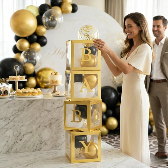 Kicpot Black & Gold Baby Shower Balloon Boxes with BABY Letters, Gender Reveal Party Decorations, 9.8x9.8x0.4 Inch Clear Block Set for Celebration & Announcement