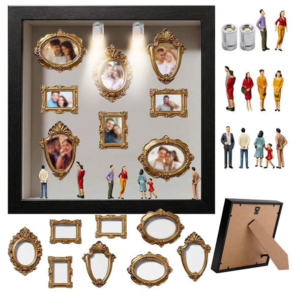 Joyesplay Diy Mini Museum Silhouette Box – Celebrate Your Unique Memories in Style, Shadow Box Frame Kit with Gold Miniature Museum and Figurines (Black)