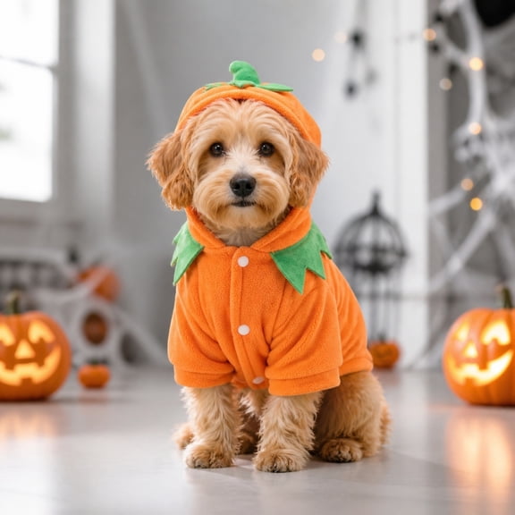 Joyesplay Dog Pumpkin Halloween Costume, Hooded Plush Orange Pet Pumpkin Outfit with Snap Buttons, Halloween Cosplay Clothes for Small Medium Large Dogs