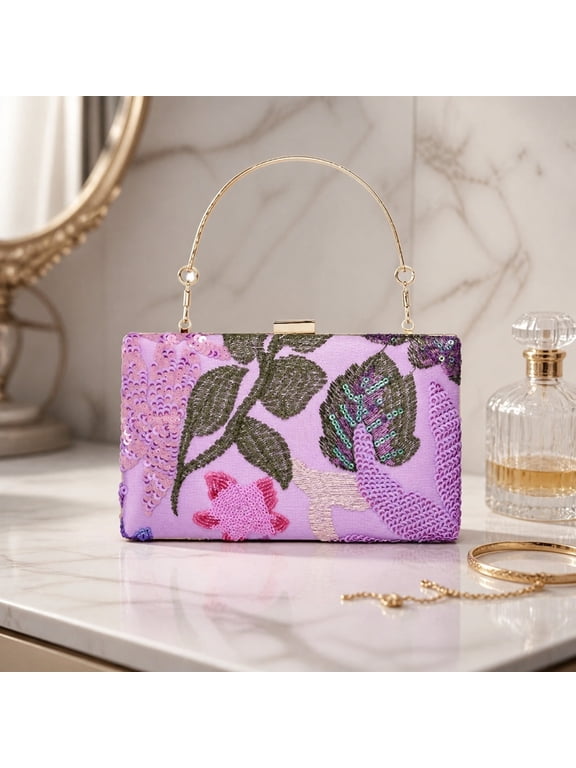 Women Clutch Handbag Evening Shoulder Purse Floral Sequin Evening Bag for Wedding, Party