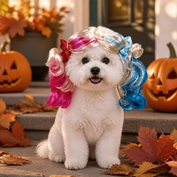 Kicpot Funny Dog Wig Pet Costumes - Half Pink Half Blue Short Pet Wigs for Small Large Medium Breed Dogs, Halloween Cosplay Costume Accessories