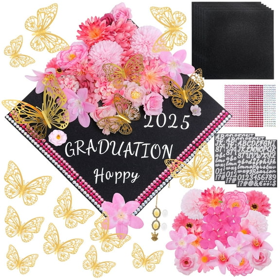 Kicpot Graduation Cap Decorations Kit DIY Grad Cap with Flower 3D Butterfly Letter Number Stickers for DIY Grad Cap 2025 Graduation Party Decorations Supplies
