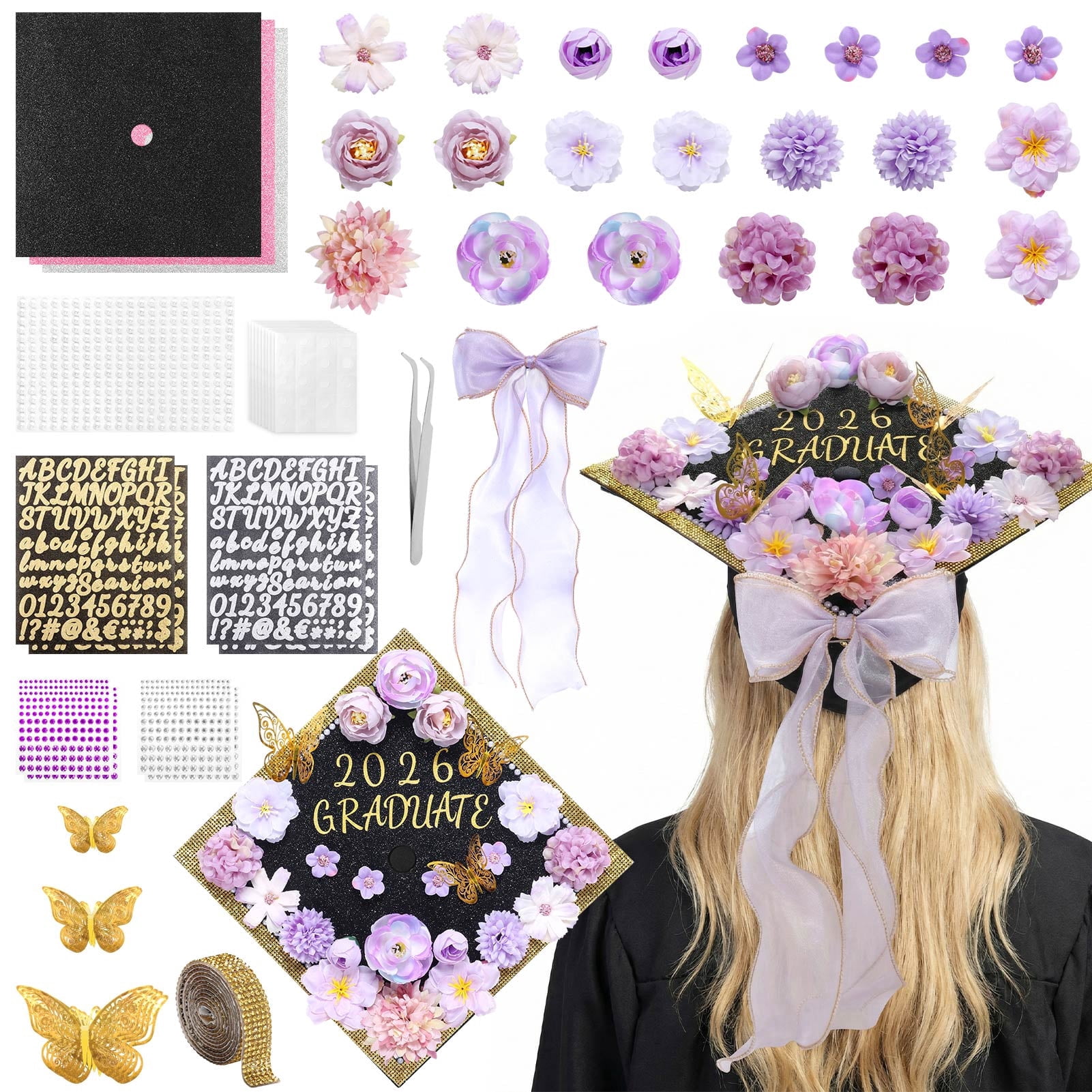 Kicpot Graduation Cap Decorations Kit DIY Grad Cap with Flower 3D