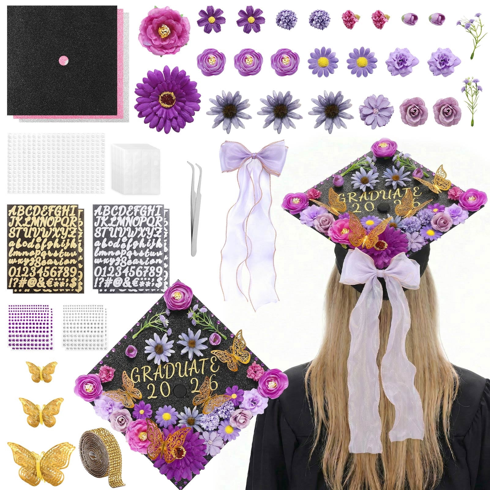 ‌Kicpot Graduation Cap Decorations Kit DIY Grad Cap with Flower 3D