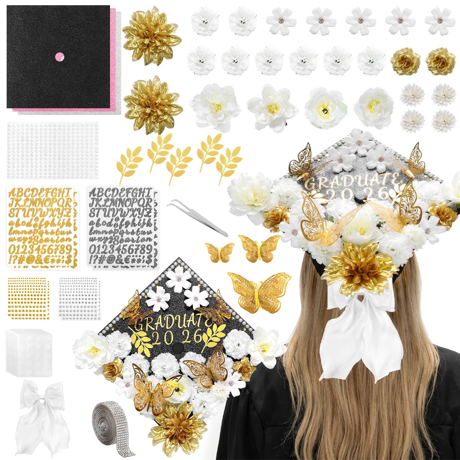 ‌Kicpot Graduation Cap Decorations Kit DIY Grad Cap with Flower 3D