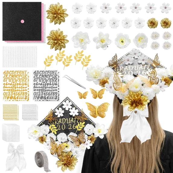 Kicpot Graduation Cap Decorations Kit DIY Grad Cap with Flower 3D Butterfly glitter premium construction paper for DIY Grad Cap 2026 Graduation Party Decorations Supplies