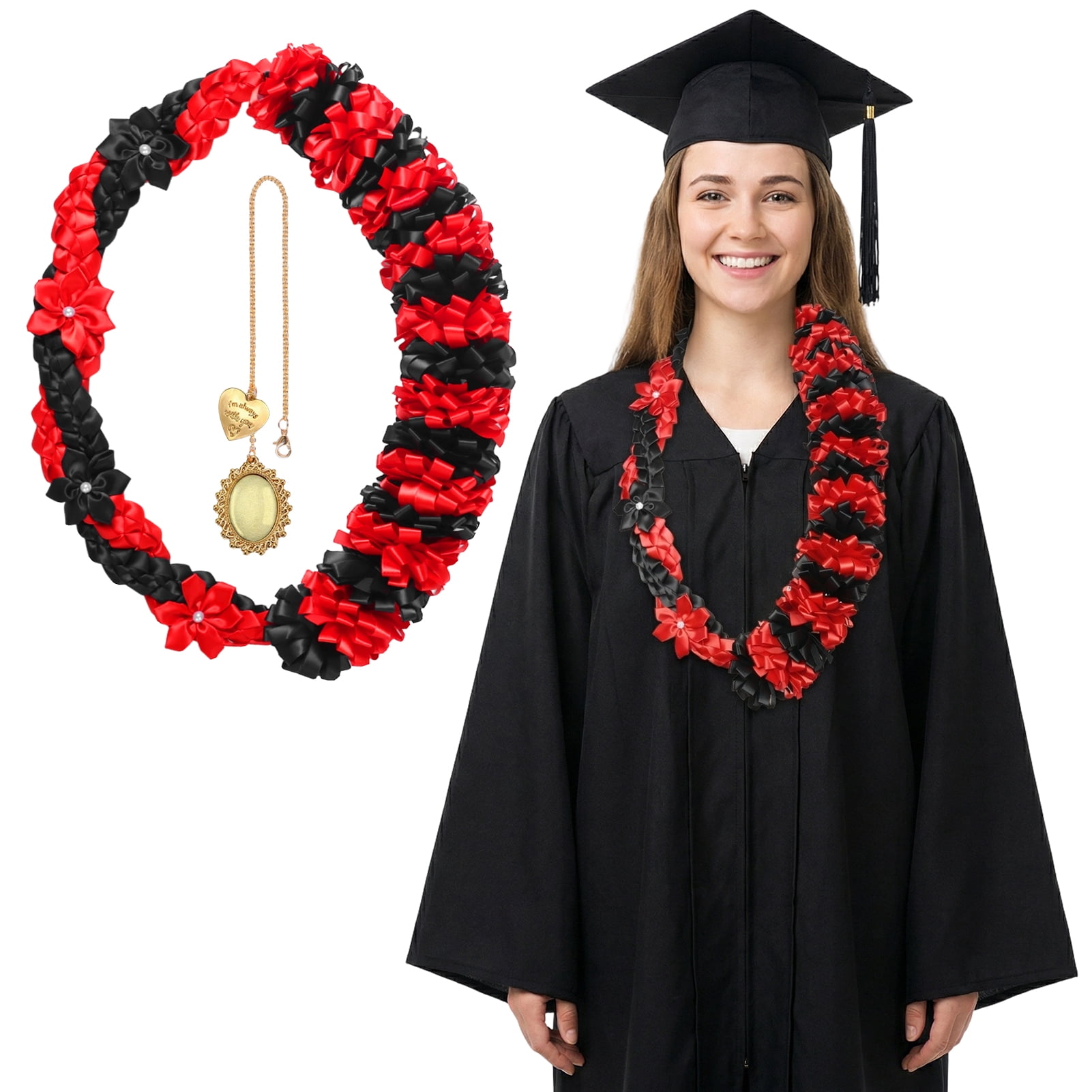 Kicpot Graduation Leis Class of 2026 Grad Ribbon Leis Double Braided Necklace Hawaiian Flower Garland with Metal Graduation Cap Hanging Keepsake Ornament for Him Her Graduation Party Decorations