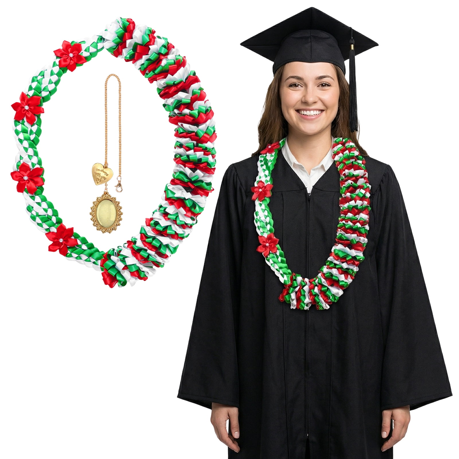 Kicpot Graduation Leis Class of 2026 Grad Ribbon Leis Double Braided Necklace Hawaiian Flower Garland with Metal Graduation Cap Hanging Keepsake Ornament for Him Her Graduation Party Decorations