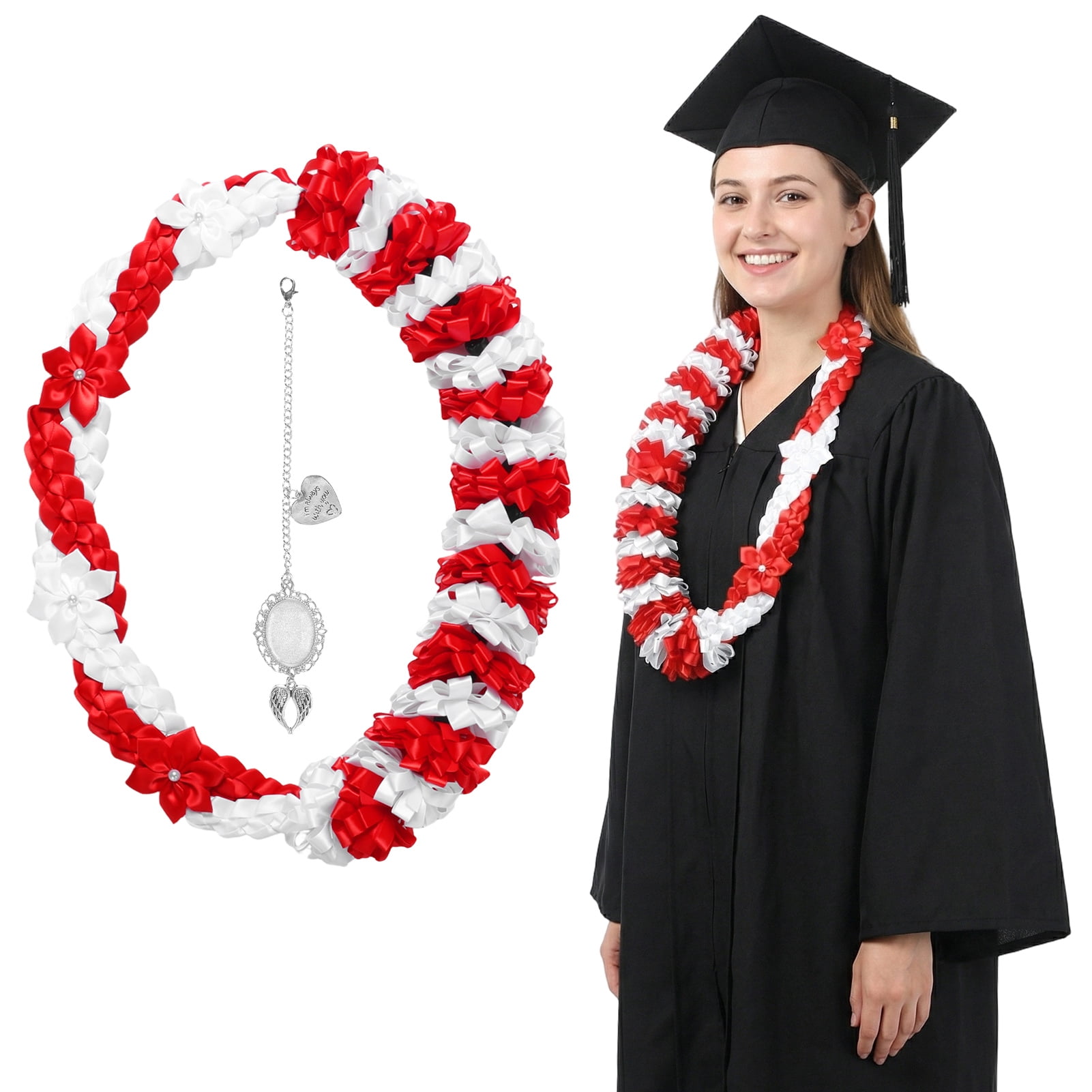 Kicpot Graduation Leis Class of 2026 Grad Ribbon Leis Double Braided Necklace Hawaiian Flower Garland with Metal Graduation Cap Hanging Keepsake Ornament for Him Her Graduation Party Decorations