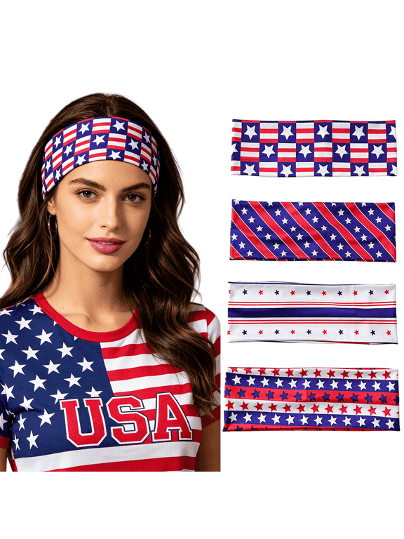 Patriotic USA Flag Headbands 4 Pack, Red White Blue Stretch Hair Bands for 1776 Freedom Celebrations, Non-Slip Workout Head Wraps for Women