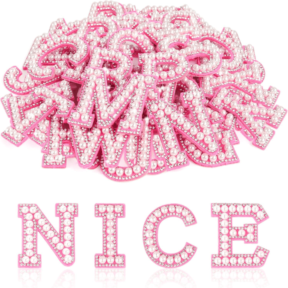 Kicpot Pearl 26 Letter Patches, Pearl Rhinestone A-Z Alphabet Self Adhesive Sew on Patches, Glitter Letter Applique for Clothes Fabric DIY Backpack, Pink