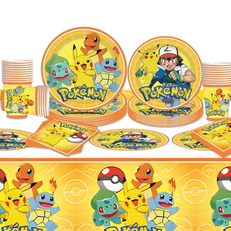 Kicpot Pokemon Birthday Decorations,Cartoon Animation Birthday Party Supplies Yellow Plates Napkins Pokemon Themed Party Tableware Set,81Pcs Serves 20