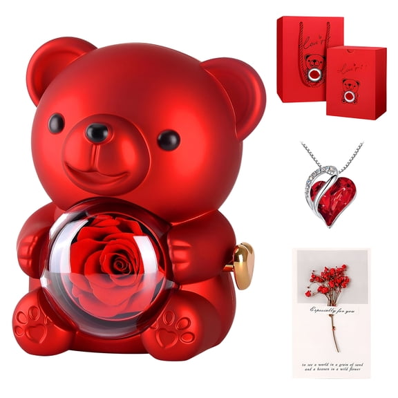 Kicpot Red Bear Soap Rose Gift Set with Heart Necklace & Greeting Card - Rotating Gift Box for Romantic Gifting & Home Decor