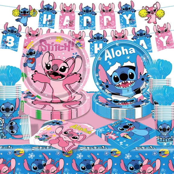 Kicpot Cartoon Birthday Party Decorations, Cartoon Plates and Napkins Party Supplies for 82Pcs 20 Guests,Pink Blue Theme Tableware Set for Kids Birthday