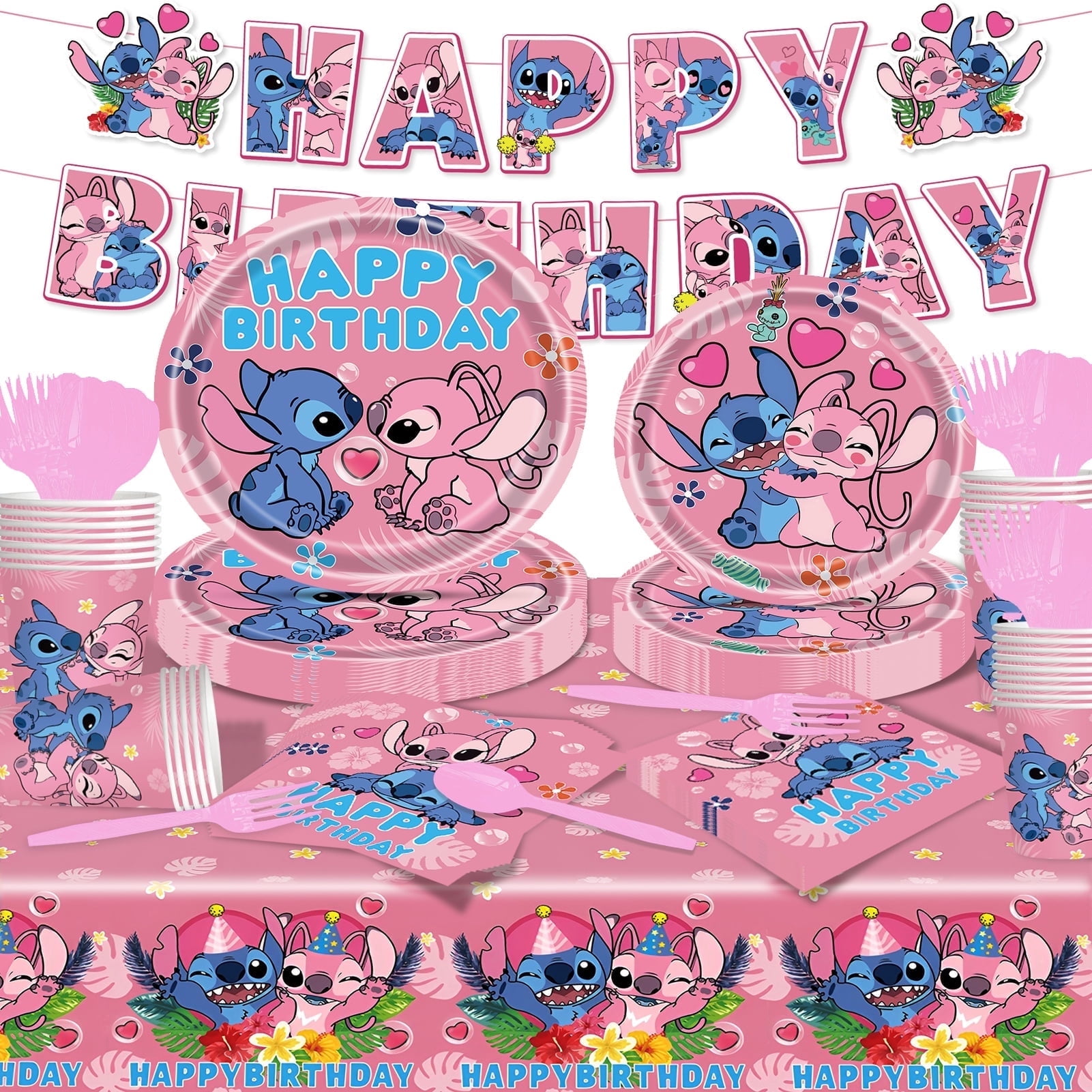 Kicpot Stitch Birthday Plates and Napkins Party Supplies, Stitch Birthday Party Supplies and Pink Decorations for Kids, 122Pcs Serves 20 Guests