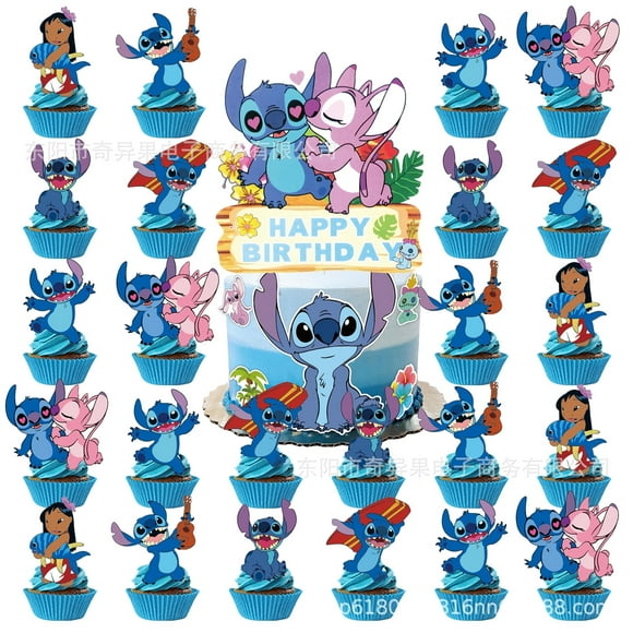 Kicpot Stitch Cake Decorations Pink Stitch Cupcake Toppers Birthday Decorations 25Pcs Happy Birthday Cake Topper Set Birthday Party Supplies for Boys & Girls