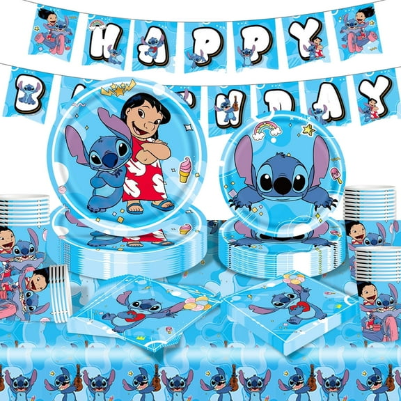 Kicpot Stitch Party Supplies 20 Guests, Blue Stitch Birthday Party Decorations Plates and Napkins Cups Tablecloth