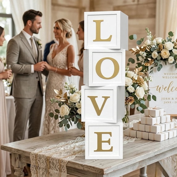 Kicpot White LOVE Balloon Boxes with Gold Letters, 11.8x11.8x0.4 inch, for Wedding, Engagement & Bridal Shower Decorations