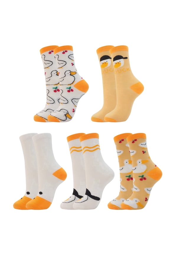 5 Pairs Crew Socks Women's Casual Comfortable Duck Printed Socks Unisex Funny Cute Crew Socks Animal Gifts for Women