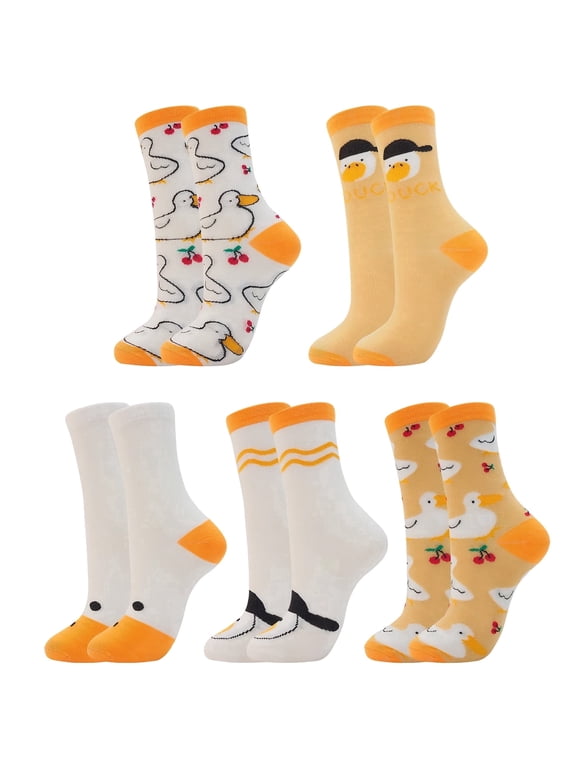 5 Pairs Crew Socks Women's Casual Comfortable Duck Printed Socks Unisex Funny Cute Crew Socks Animal Gifts for Women