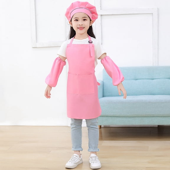 Kid Art Smock Solid Color Apron Sleeve and Hat Three Piece Set for Children Printed Artist Painting Smocks with Long Sleeve