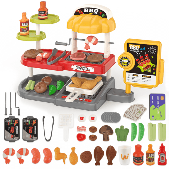 YCFUN Pretend Play Food Toy with Cash Register, 3-in-1 Kids BBQ Toy Shop Set with Food, Drinks & Condiments, Perfect Role Play Gift for Kids