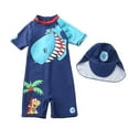 thumbnail image 1 of Kid Baby Boys Swimsuit One-Piece Zipper Cartoon Dinosaur Print Bodysuit Swimwear Bathing Suit Cap, 1 of 3