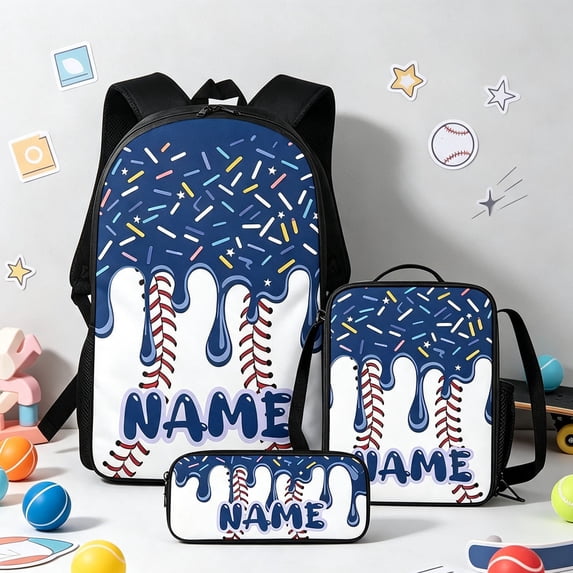 Kid Backpack Cartoon Print 3 Piece Backpack Set School Bag with Lunch Tote and Pencil Case Navy One Size