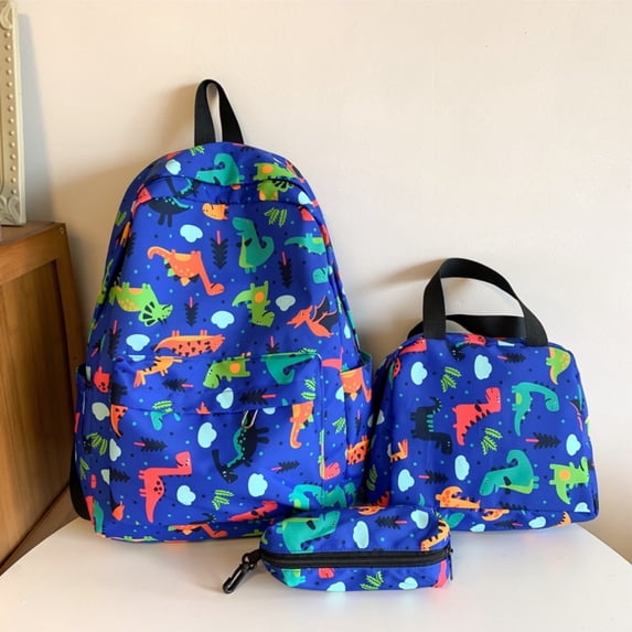 Kid Backpack Dinosaur Car Print 3 Piece Backpack Set Large Capacity Elementary School Daypack Blue One Size