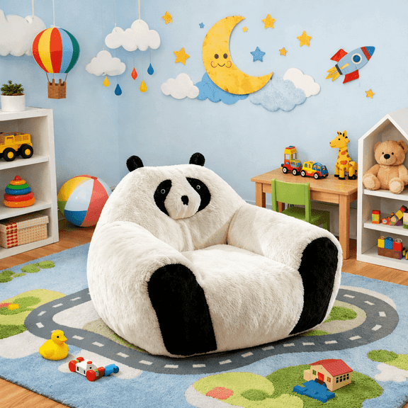 VNT Kid Bean Bag Chair, Comfy Panda Bean Bag Chairs with Back Support and Filler for Living Room, Bedroom, Beige