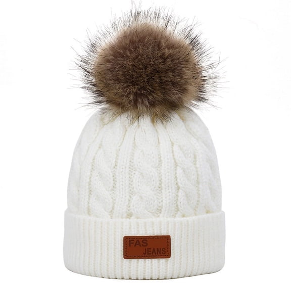 Kid Beanie Hats Lining Pom Pom for Children -Slouchy Cable Knit Toddler Skull Hat Baby Ski Cap for Girls Boys White
