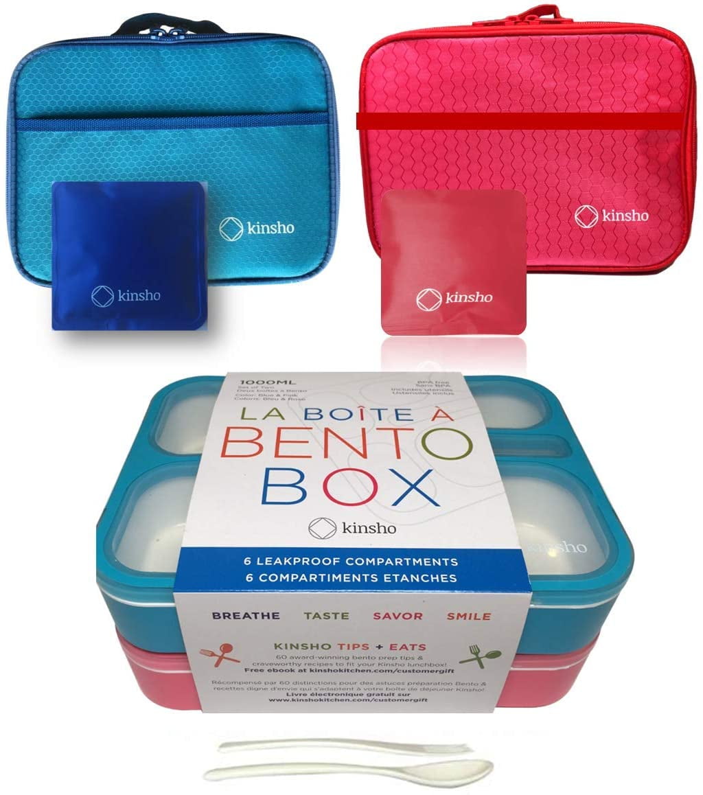 kinsho Bento Box with Lunch Bag and Ice Pack Set | Two Boxes, Bags, Cold  Packs for Kids Adults | Value Meal Containers for School Lunches or Snack,  6