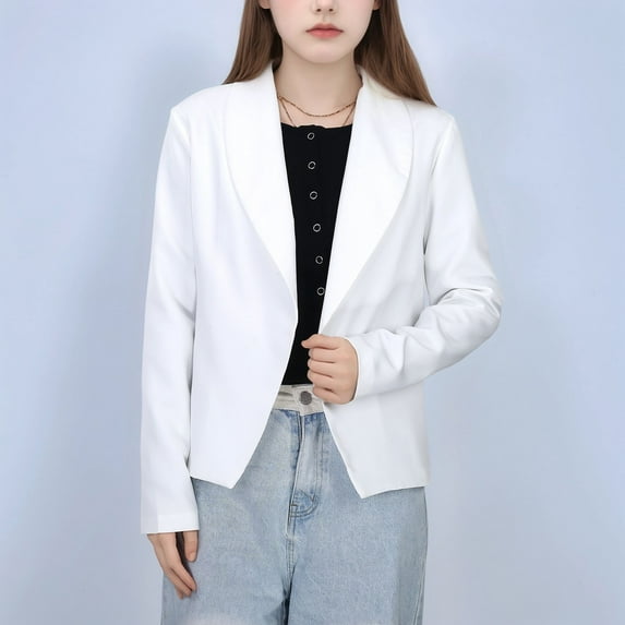 Kid Blazer for Girls Long Sleeve Lapel Collar Open Front Casual White Blazer with Inner Pocket Suit for Toddler Girls 6-7 Years Formal Outfits