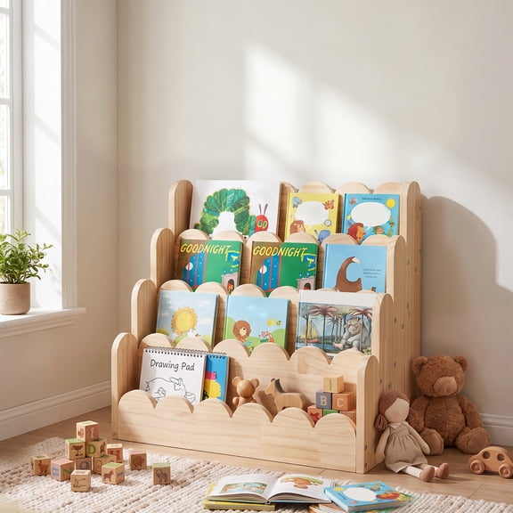 Kid Bookshelf Solid Wood 4 Tier Easy Access for Bedroom Classroom