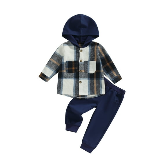 Kid Boy Autumn Clothes Set, 1-6T Plaid Print Long Sleeve Button Hood Shirt + Solid Color Trousers
