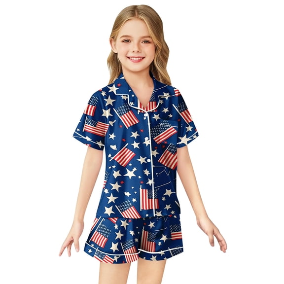 Kid Boy Pajamas Set Flag Button Down Solid Tops T Shirt Set Toddler Nightgown Little Girl Pajamas Size 6-7 Years
