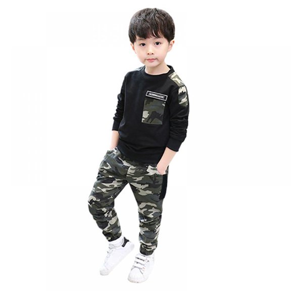 Kid Boys Camouflage Print 2-piece Set Autumn Casual Long Sleeve T-shirt Tops Pants Outfits
