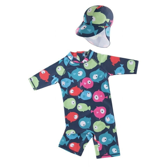Kid Boys Chic Animals Printed Colorful Fishes One-Piece Rash Guard with Sun Hat 2pcs Swimsuit Pool Swimwear Beach Bathing Suit (7)