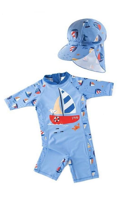 Kid Boys Chic Animals Printed Light Blue Sailboat One-Piece Rash Guard with Sun Hat 2pcs Swimsuit Pool Beach Bathing Suit (4)