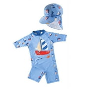 Kid Boys Chic Animals Printed Light Blue Sailboat One-Piece Rash Guard with Sun Hat 2pcs Swimsuit Pool Beach Bathing Suit 5