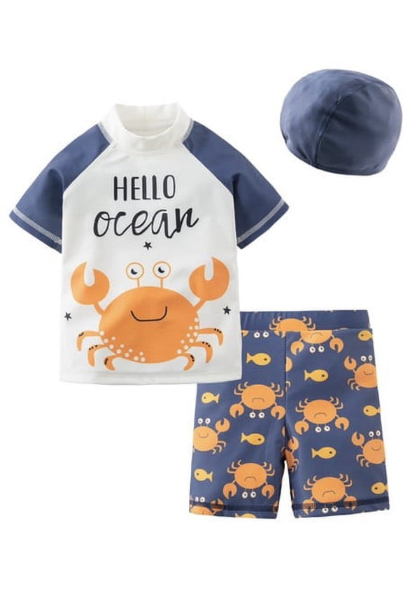 Kid Boys Chic Animals Printed One-Piece Rash Guard with Sun Hat 2pcs Swimsuit Pool Beach Bathing Suit (Hello Ocean, 4)