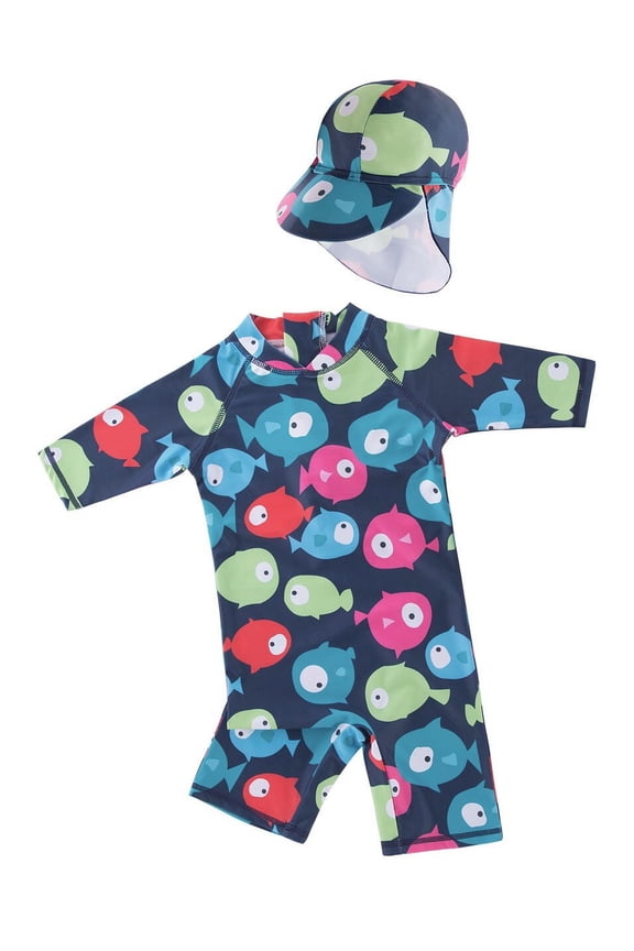 Kid Boys Chic Animals Printed One-Piece Rash Guard with Sun Hat 2pcs Swimsuit Pool Swimwear Beach Bathing Suit (Colorful Fishes, 3T)