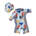 thumbnail image 1 of Kid Boys Chic Animals Printed One-Piece Rash Guard with Sun Hat 2pcs Swimsuit Pool Swimwear Beach Bathing Suit (Multi Sharks, 7), 1 of 4